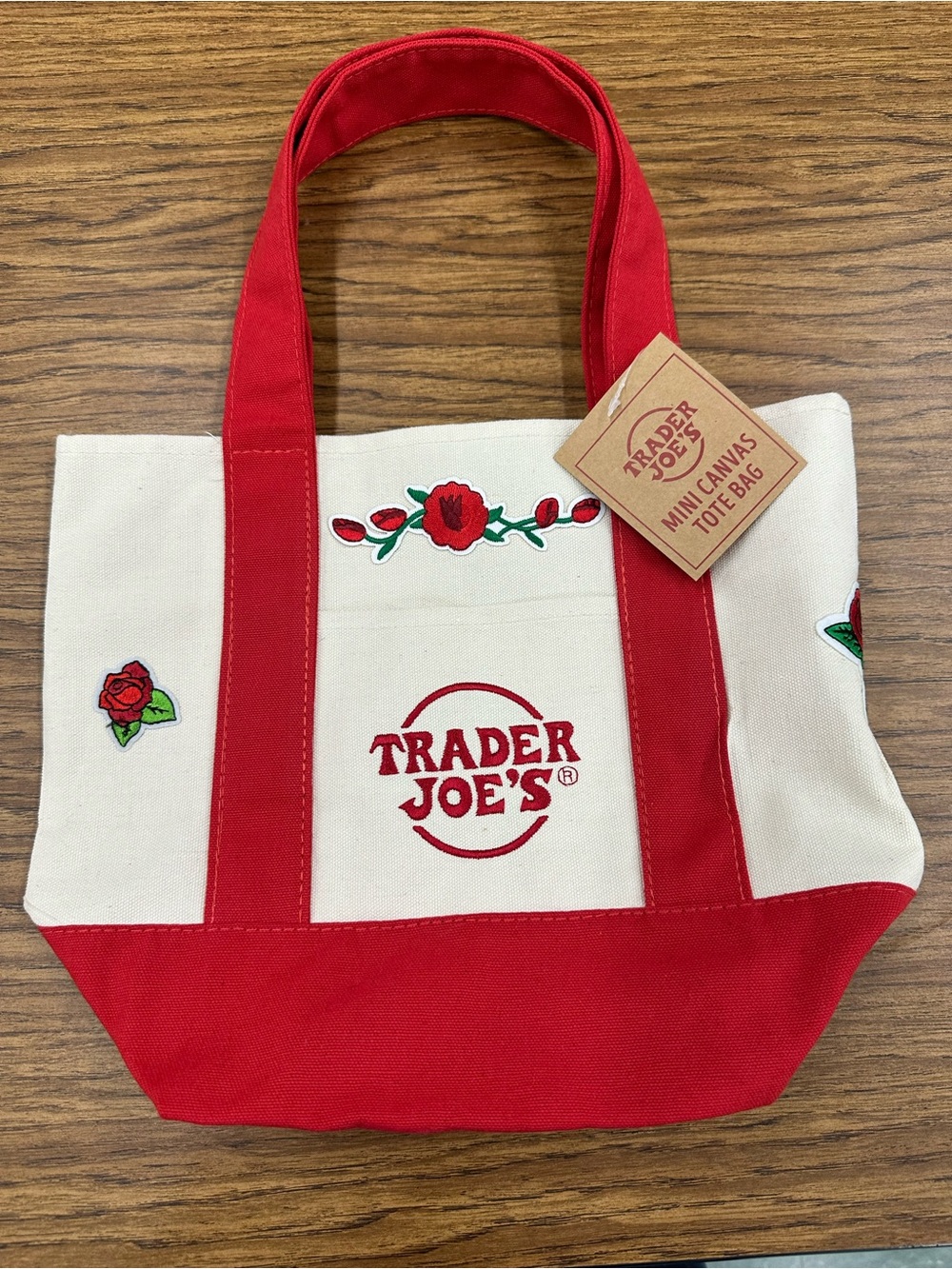 NWT Custom Trader Joe's Red Mini Canvas Tote with Rose Patches Unique Handmade